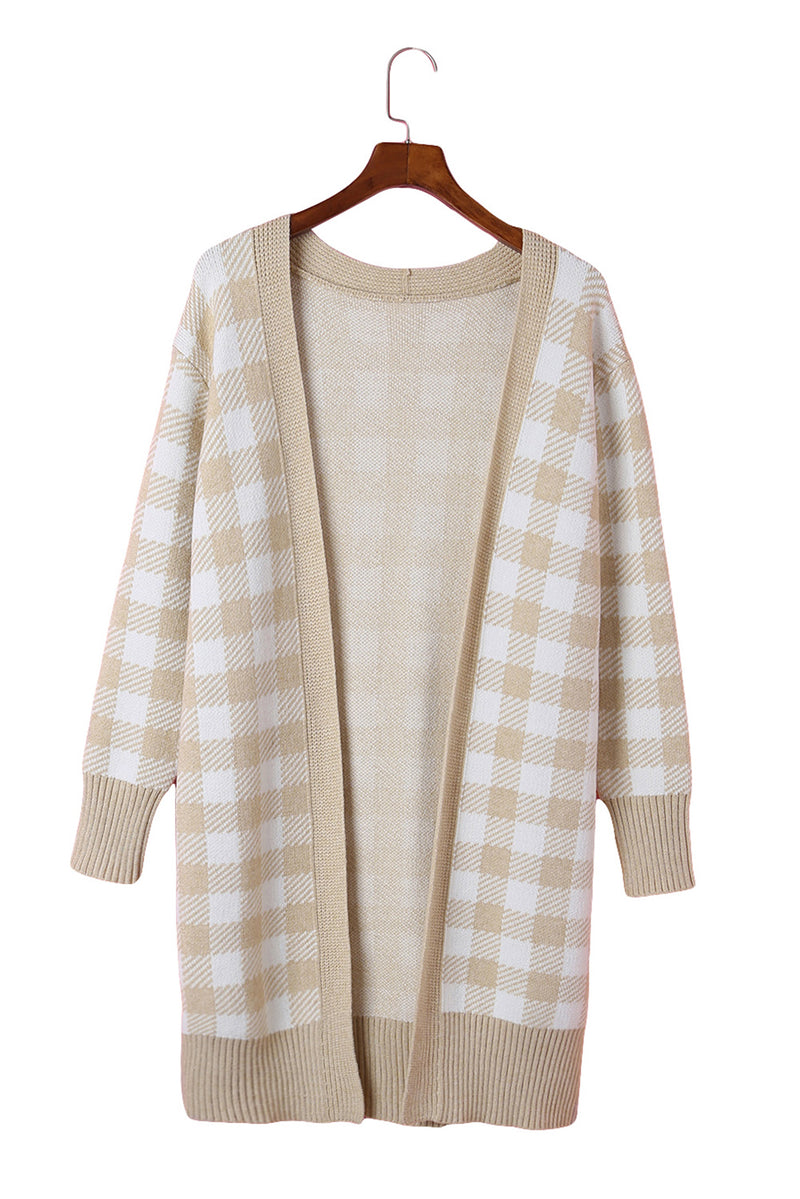 Khaki Open Front Plaid Long Cardigan