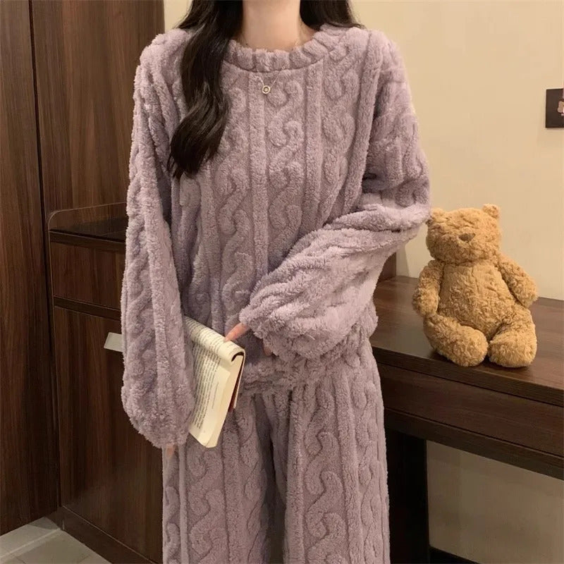 Thickened Warm Sleepwear for Winter Women Flannel Suit Student Pajamas Homewear Tops and Pants Striped Nightwear Loungewear