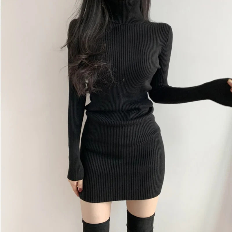 Women Autumn Winter Turtleneck Warm Bodycon Dress Long Sleeve Knit Solid Office Pullover Sexy Mini Dress for Ladies 2023