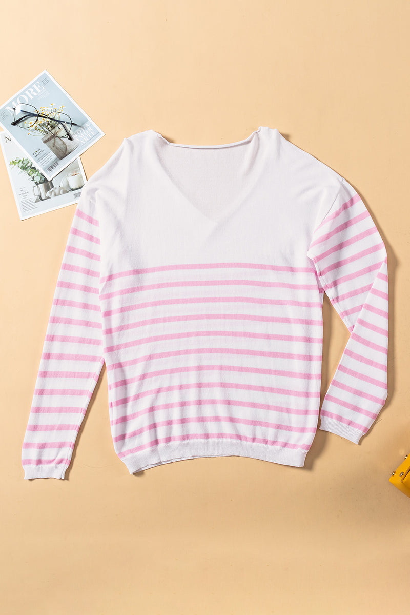 Pink Striped V Neck Long Sleeve Sweater