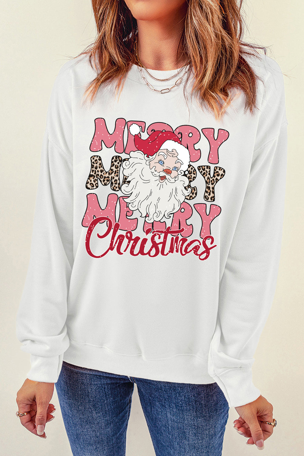 Beige MERRY Christmas Santa Claus Print Crewneck Sweatshirt