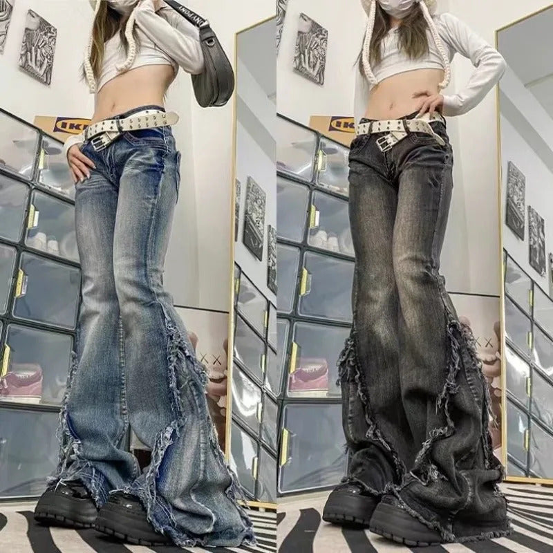 American Style Retro High Street Ruffled Denim Jeans for Women in Autumn Low Waisted High Elastic Slimming Wide Leg Mop Pants