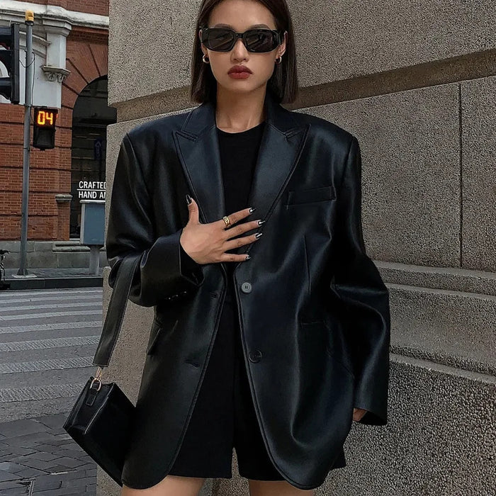 Ladies Fashion Black PU Leather Suit Jacket Spring and Autumn New High-grade Texture Solid Color Loose Small Suit Leather Woman