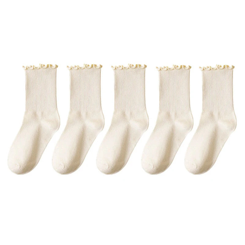 5 pair /Lot Socks for Women Ruffle Cotton Middle Tube Ankle Short Breathable Black White set Spring Autumn