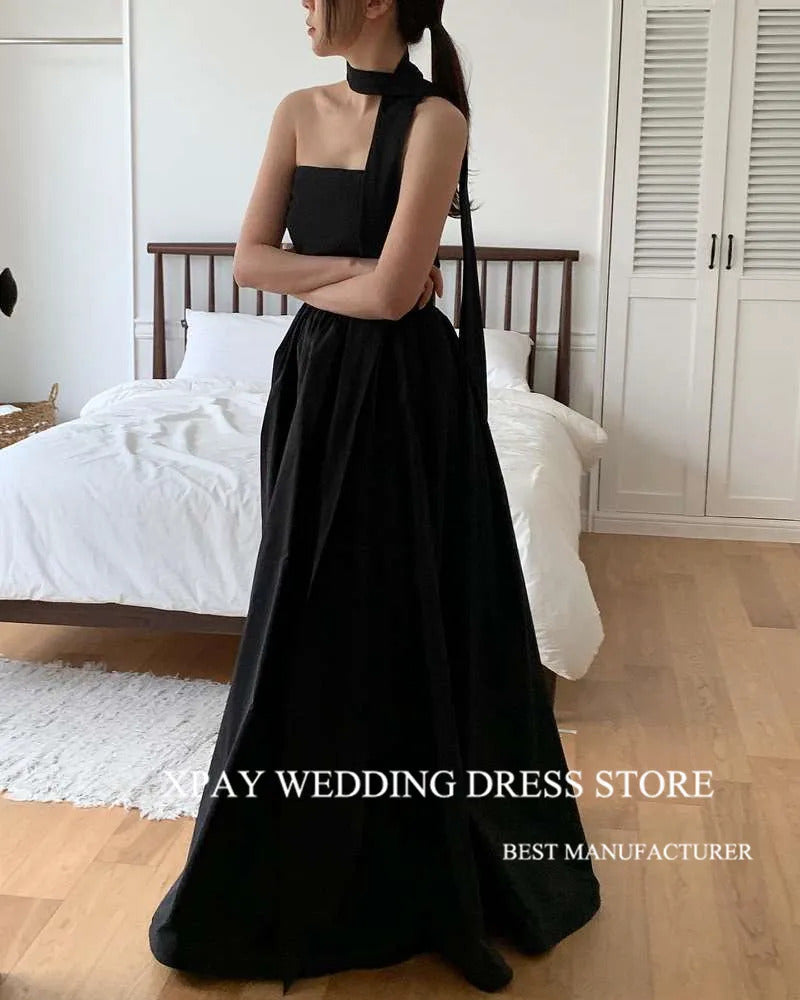 XPAY Black A Line Taffeta korea Evening Dresses Photo shoot Customised 4 Styles Short Sleeves Prom Gowns Wedding Party Lace Up