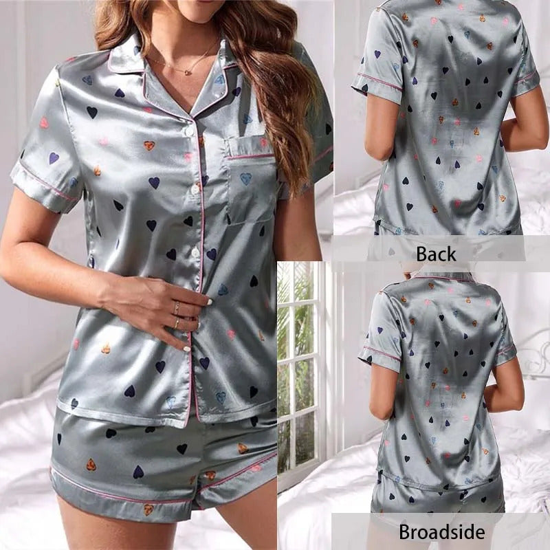 Women Two Piece Set Silk Satin Pajamas Home Suit Short Sleeve Shirtand Shorts Pajamas Set Satin Nightwear Loungewear