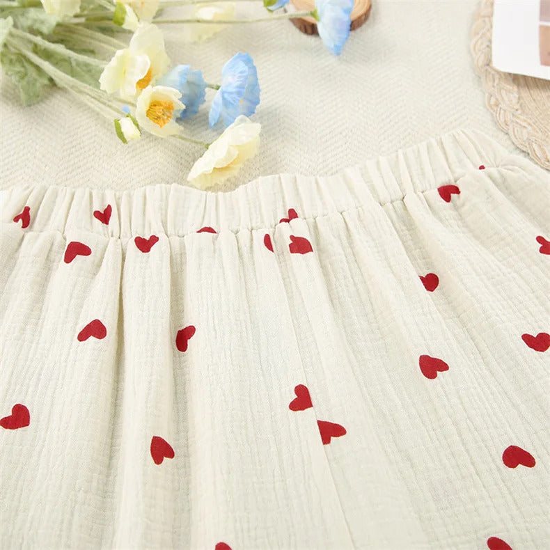 Summer New Love Heart Print Pyjama 100% Cotton Long Sleeve Set 2Pcs Outfit Lapel Sleepwear Button Down Women's Pajamas Nightwear