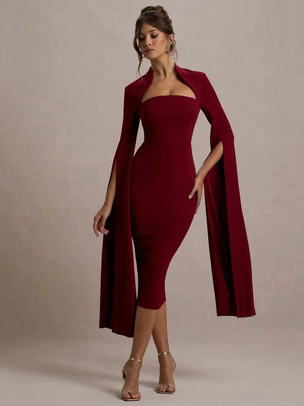 Mozision Cape Long Sleeve Sexy Midi Dress For Women Autumn Winter New Square Collar Back Slit Bodycon Club Party Long Dress