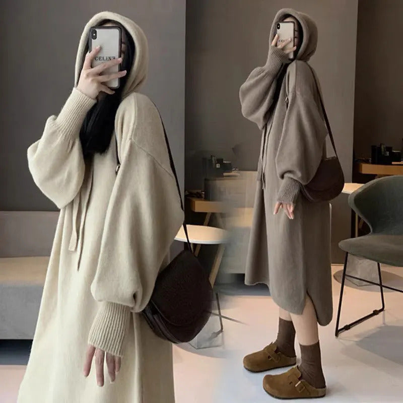 Mid-Length Hood Knitted dress Women 2024 New Autumn and Winter Idle Sle Loose Thickened Sweater Dress Base Women