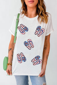 White Sequin American Flag Slipper Pattern Graphic T Shirt