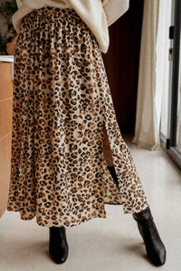 Leopard Animal Print High Waist Side Slit Long Skirt