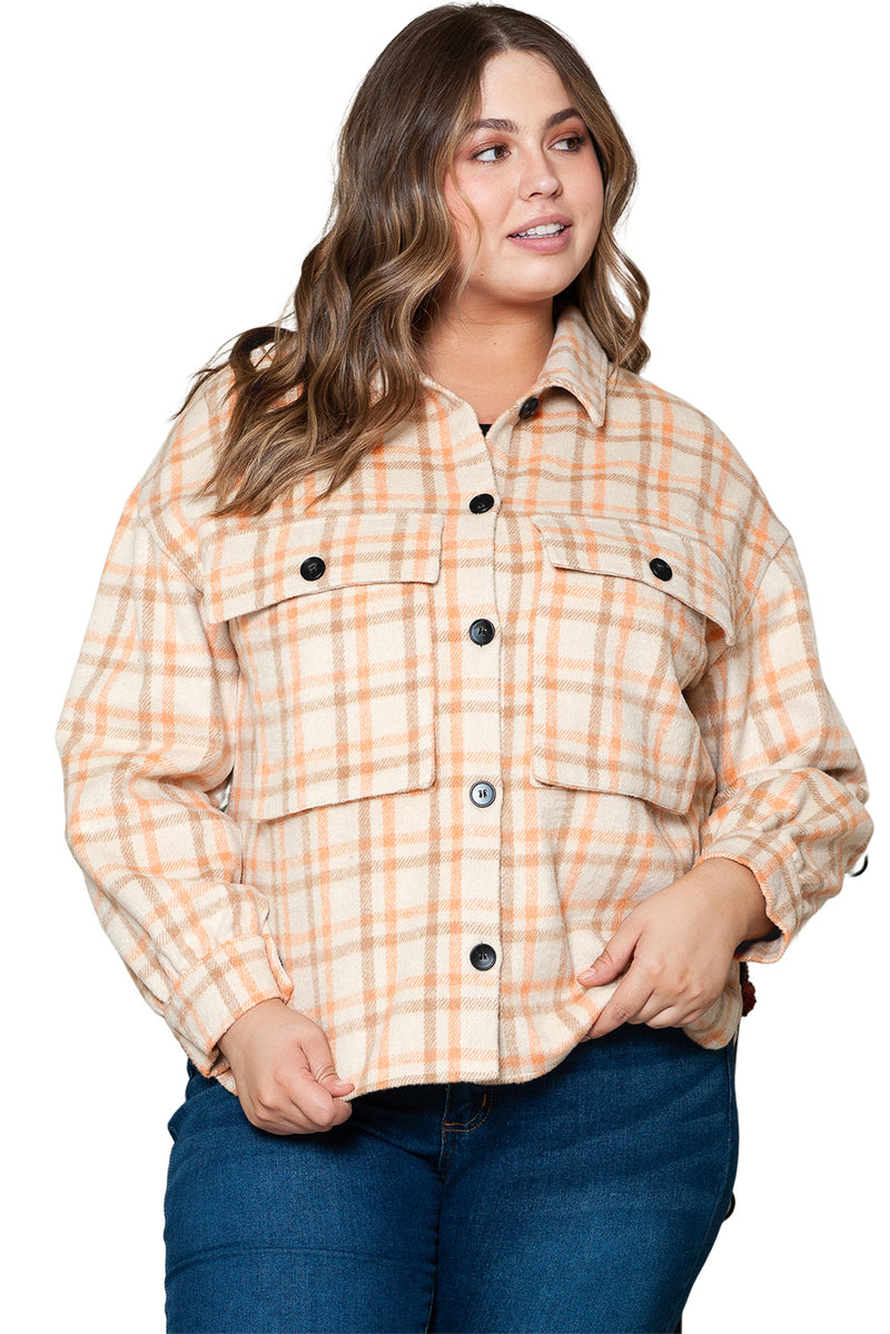 Khaki Plus Size Plaid Jacket with Flap Pockets