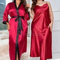 Female Long Twinset Robe Set Nightgown Spring Summer Kimono Bathrobe Gown Sexy Lace Trim Nightdress Satin Home Wear Loungewear