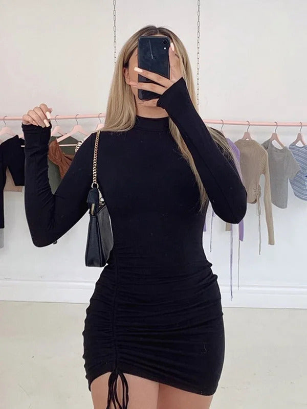 Long Sleeve Ruched Bodycon Dress Women Turtleneck Bandage Mini Dresses Autumn Black Skinny Stretchy Party Vestidos