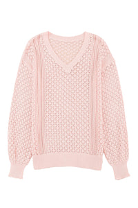 Pink Loose Pointelle Knit Ribbed V Neck Sweater