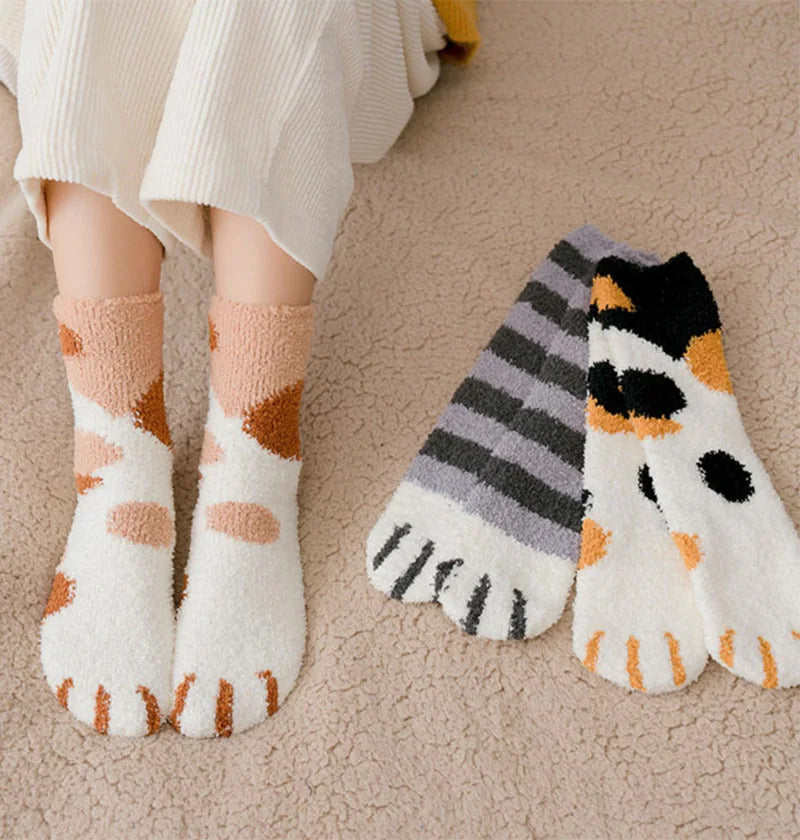 Plush Winter Funny Cute Style Animal Cat Paw Cartoon Pattern Women Cotton Socks Super Soft For Female House Sleeping Floor Sox