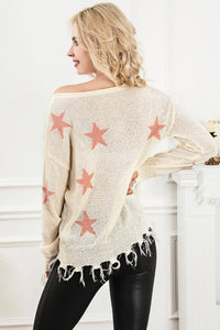 Beige Starry Long Sleeve Raw Hem Sweater