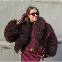 Retro Burgundy Tassels  Faux Fur Long Sleeves Short Coat Elegant Loose Turn-down Collar Jacket 2024 New Woman High Street Coats