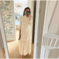 Elegant Hollow Out  Lace Maxi White Dress Women's Fashion Mock Neck Long Sleeved Shoulder Padded Robe 2024 Evening Females Wear