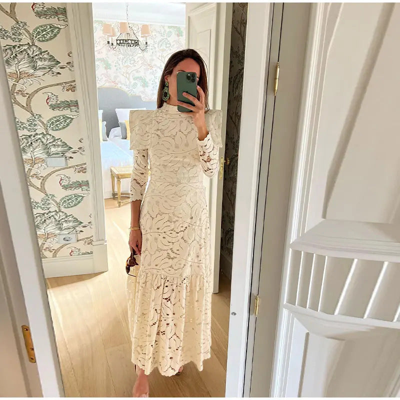 Elegant Hollow Out  Lace Maxi White Dress Women's Fashion Mock Neck Long Sleeved Shoulder Padded Robe 2024 Evening Females Wear