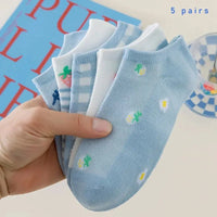 5 Pairs of WOMEN'S Summer Thin Socks, Sweet, Cute, Breathable, Mesh Comfortable, Strawberry Pattern, Small Floral Fragments