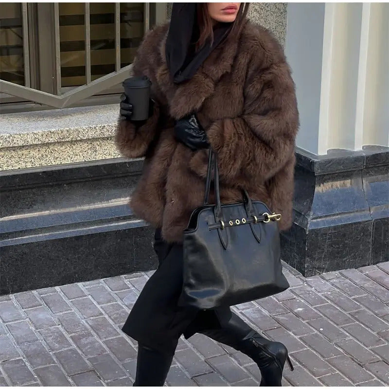 Women Fashion Dark Brown Faux Fur Lapel Jacket Loose Long Sleeve Buttons Cropped Street Coat 2024 New Winter Female Outerwear