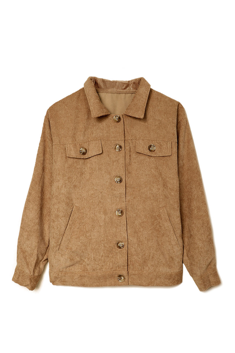 Khaki Ribbed Corduroy Long Sleeve Jacket with Pocket