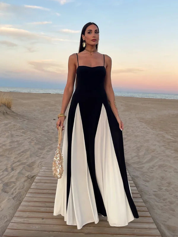 Sexy Women Contrasting Patchwork Sling Dress Elegant Slim Sleeveless Maxi Vestidos 2024 Summer Female Evening Party Robes