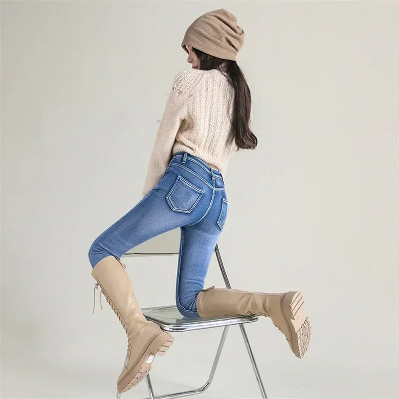 Women Thermal Skinny Jeans Mom Winter Warm Plush Stretch Jeans Lady Fleece Snow Denim Pants Student Pencil Straight Leg Trousers