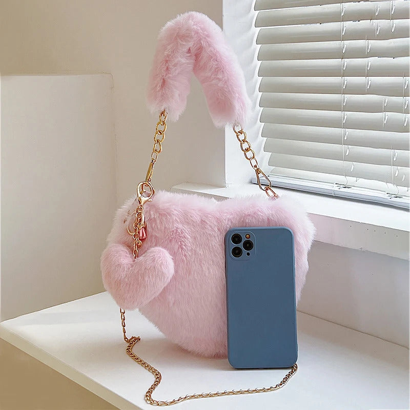 Faux Fur Heart-shaped Women Small Handbags Fluffy Plush Ladies Chain Shoulder Bag Fashion Female Furry Daily Clutch Purse