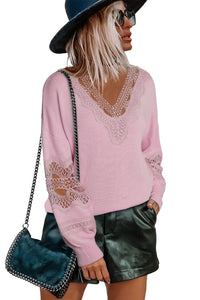 Pink Hollowed Lace Splicing V Neck Loose Sweater