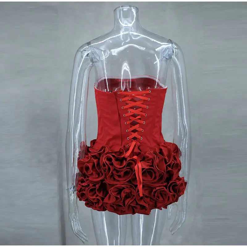 Sexy Red 3D Flowers Dress Suits Women Fishbone Bandage Adjustable Tube Top Flower Mini Skirt Suit Party Club Lady Outfits 2024