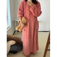 Winter Long Sleeve Double Pocket Flannel Nightgowns Women Loose Solid Sleepwear Jacquard Night Dress Thickened Warm Nightdress