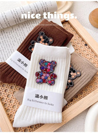 Diamond Cartoon Bear Decorative Socks, Fashionable Diamond Sparkling Women's Socks, Comfortable And Breathable Christmas Socks