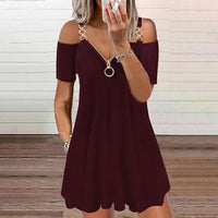 2023 Summer New Fashion Short Sleeve Solid Color Metal Zipper V Neck Casual Loose Mini Dress Loose Plus Size