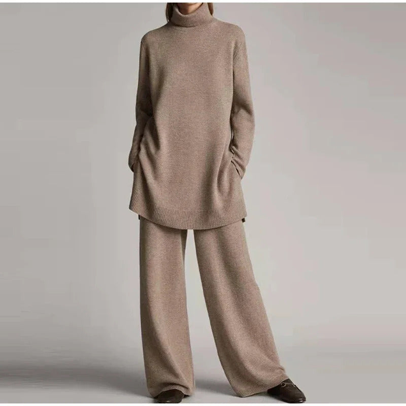 Loose Knitted Pullover Pants Set Women Casual Turtleneck Sweater Wide Legs Long Trousers 2025 Spring New Lady Solid Suits