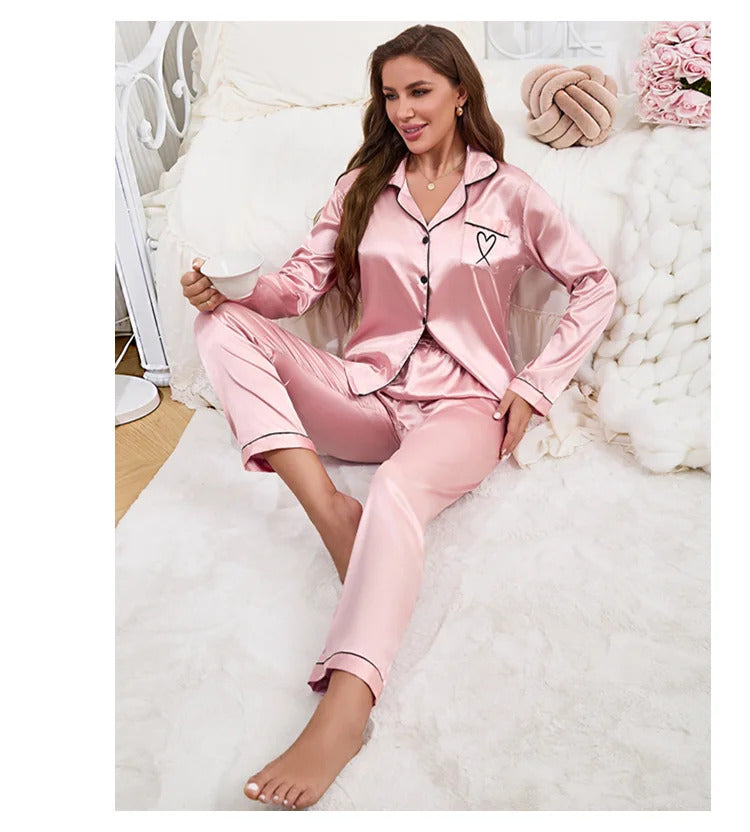 Autumn Satin Pajama for Women Heart-shaped Embroidery Sleepwear & Loungewear Long Sleeve Top & Pants Home Clothes Pyjama 2 Piece