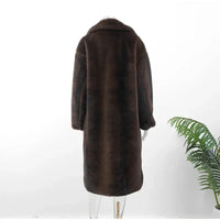 Dark Brown Faux Fur Long Overcoat For Women Fashion Lapel Single Breasted Loose Fluffy Plush Warm Coat Winter Thicken Outerwear