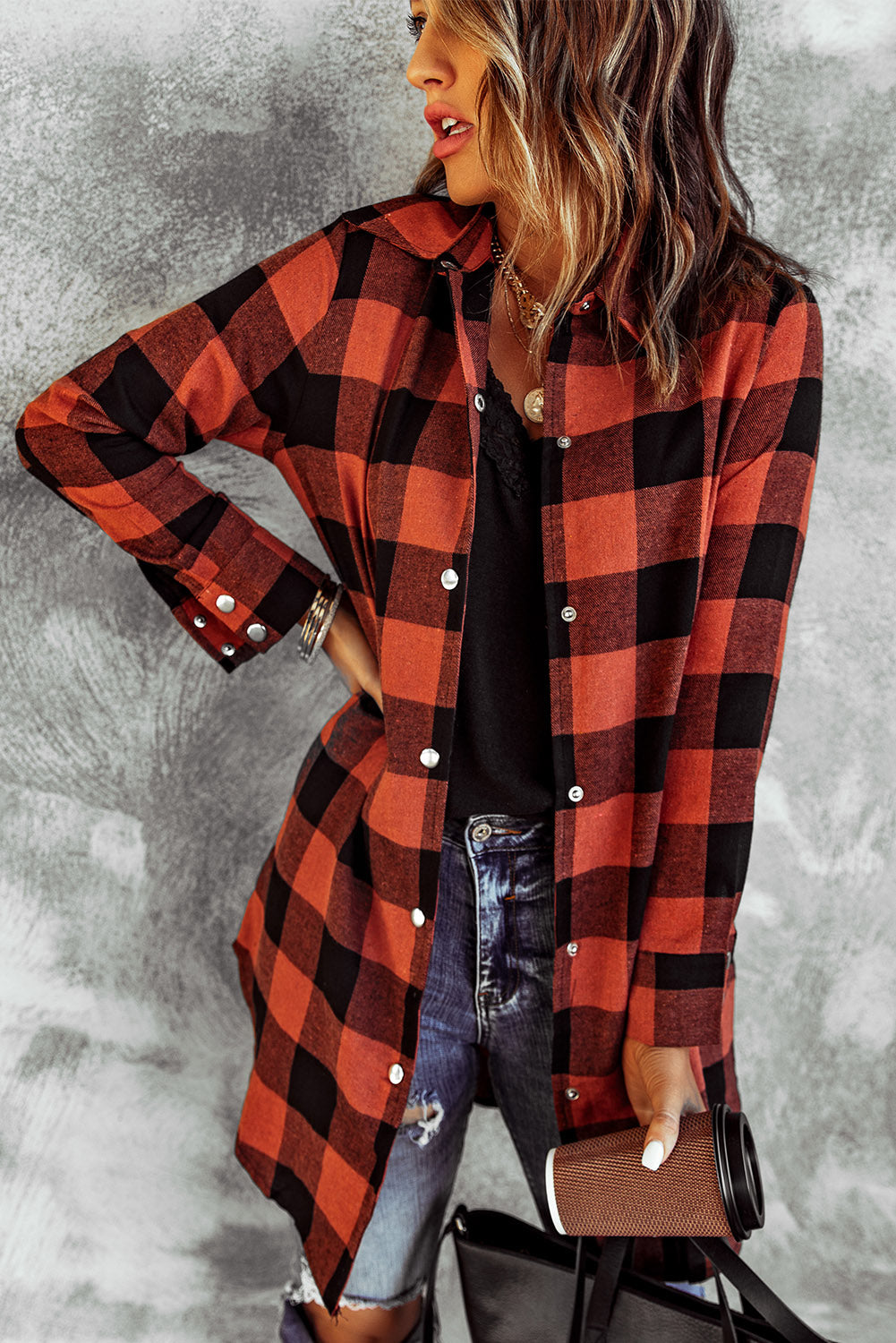 Blue Turn-down Collar Plaid Shirt Jacket