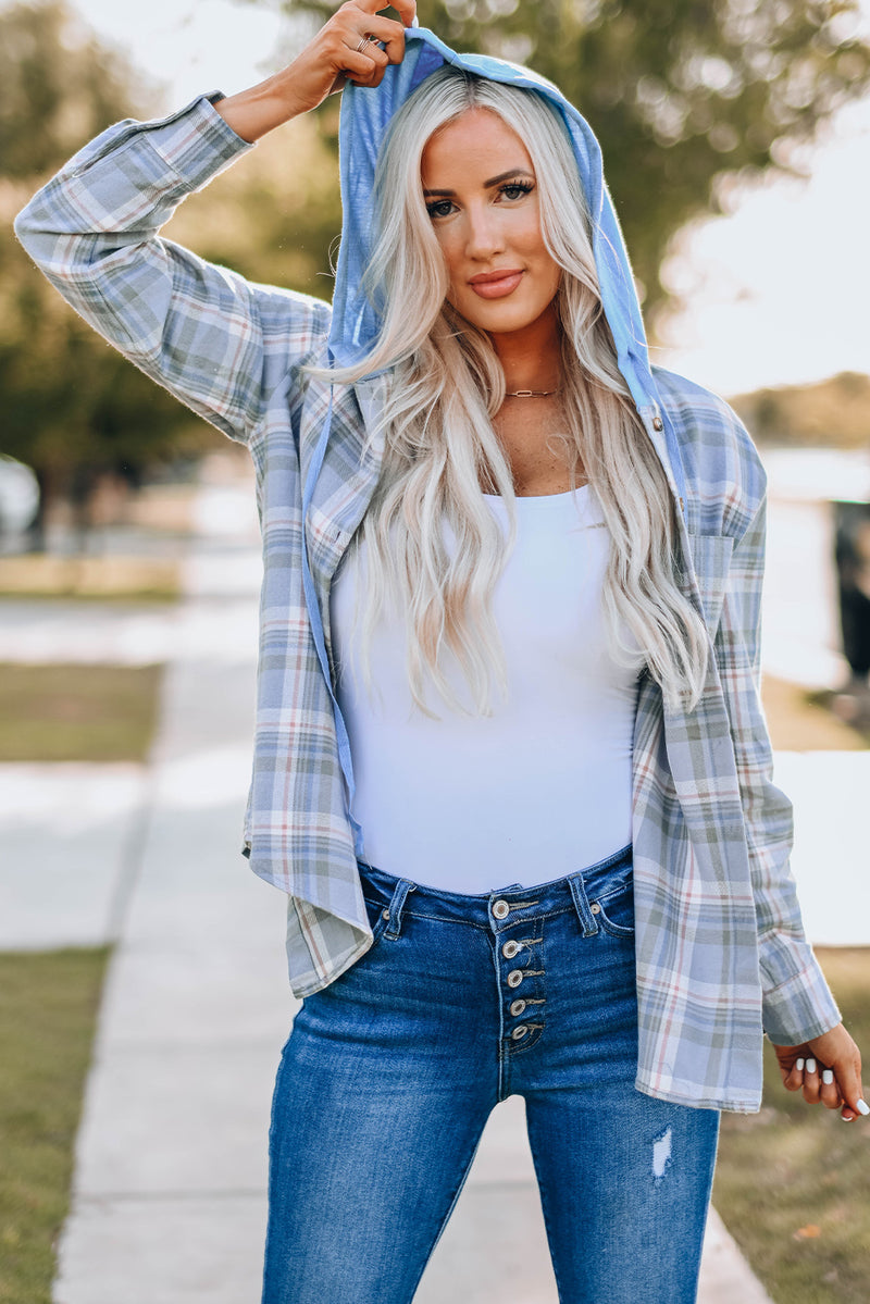 Sky Blue Plaid Print Pocket Drawstring Hooded Jacket