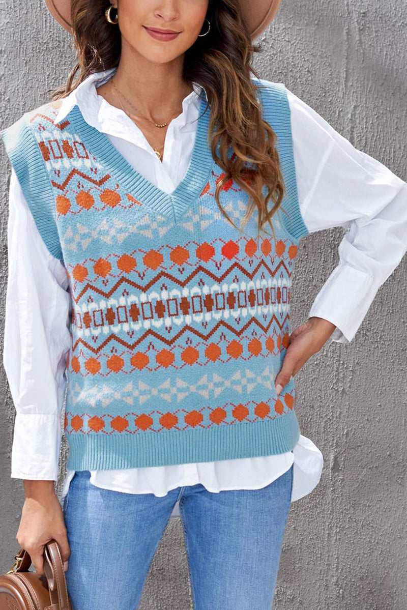 Sky Blue Tribal Print V Neck Knitted Sweater Vest