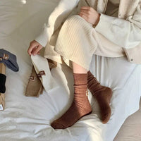 New Middle Tube Mid-Tube Socks Keep Warm Solid Color Snow Boot Socks Heel Furry Label Knitted Ins Women Socks Autumn