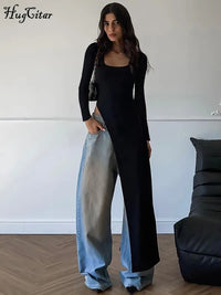 Hugcitar Autumn Fashion Solid Long Sleeve Slit Irregular Sexy Bodycon Maxi Dress Women Casual Y2K New Outfits Party Vacation