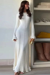 Elegant Solid Ruffles Knitted Dress For Women Loose O Neck Long Trumpet Sleeve Maxi Dresses 2024 New Female White Knitwear