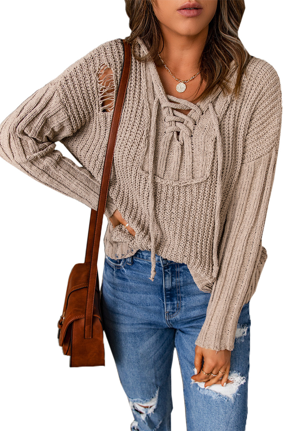 Lace Up V Neck Ripped Slouchy Sweater