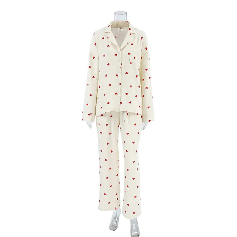 Summer New Love Heart Print Pyjama 100% Cotton Long Sleeve Set 2Pcs Outfit Lapel Sleepwear Button Down Women's Pajamas Nightwear