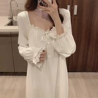 Long-Sleeved Princess Style Nightgown Loose Large Size Can Be Worn Outside the Home Wear Summer Women's Pajamas Lace White Korea