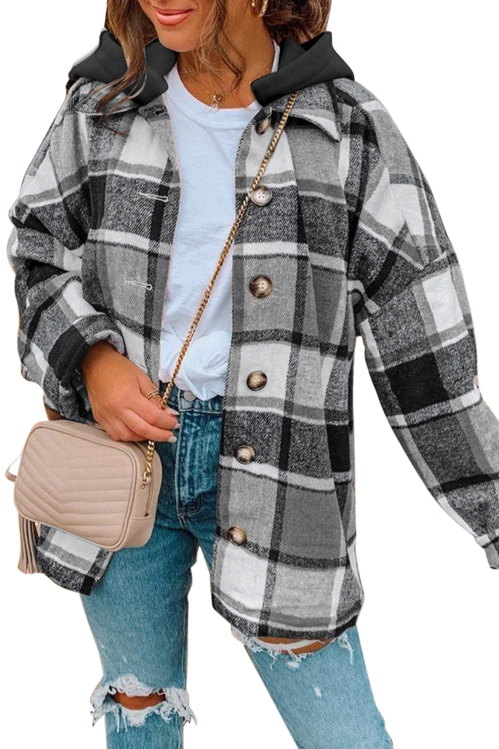 Gray Hooded Plaid Button Front Shacket