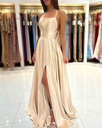 FATAPAESE Prom Dress Spandex satin Slit Side Dress A-LINE Scoop Stretch Slip Satin High Split Long Simple Evening Party