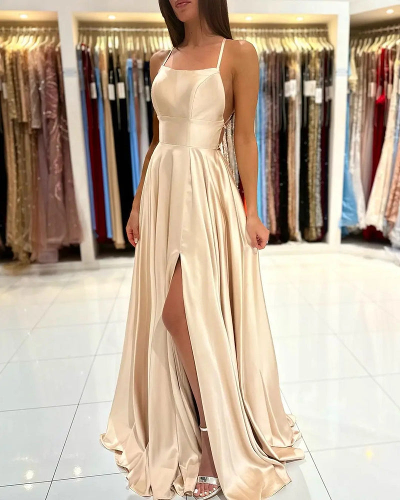 FATAPAESE Prom Dress Spandex satin Slit Side Dress A-LINE Scoop Stretch Slip Satin High Split Long Simple Evening Party